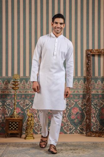 Mens Cotton Blend White Kurta Churidar Set with Button Placket