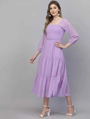 Square Neck Plain Ladies Lavender Georgette Long Dress Casual Wear