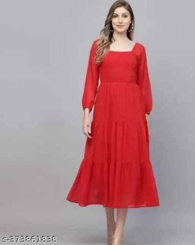 Square Neck Plain Ladies Red Georgette Long Dress Casual Wear