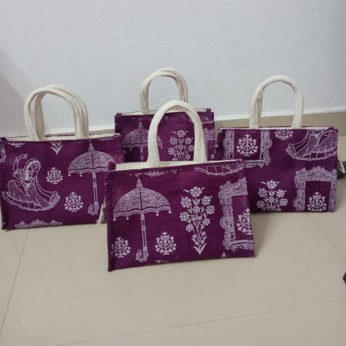 Printed Purple Jute Handbags Standard