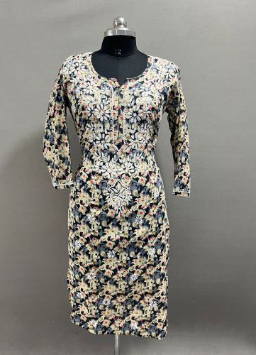 Printed Cotton Designer Ethnic Kurtis, Color : Black M, XL