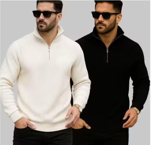 Collar Neck Plain Pullover Quarter Zip Cotton Fleece Sweatshirt