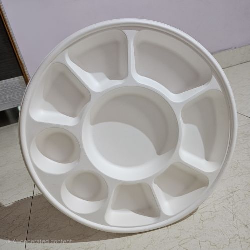 Sugarcane Bagasse 9CP Round Compartment Plate, Color : White