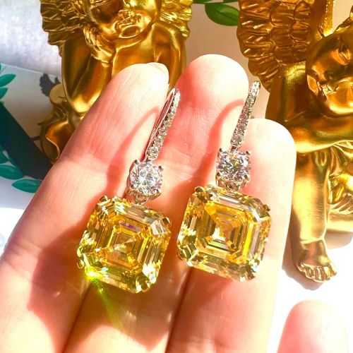 4.20Ct Asscher Cut Lab Diamond Fancy Yellow Drop Earring 14K White Gold