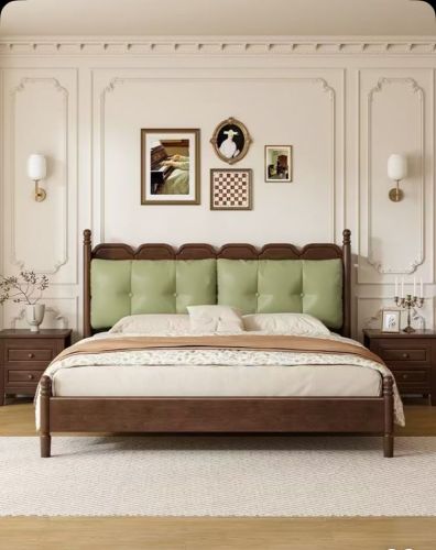 High-density Foam Elegant Wooden Bed with Upholstered Headboard