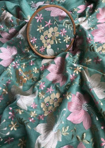 Silk Green Floral Embroidered Chanderi Fabric, Width : 44 Inch