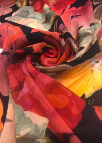 100% Cotton Smooth Black Floral Print Chinon Chiffon Fabric