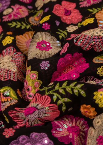 Black Georgette Fabric Embroidered With Flower Pattern Fabric