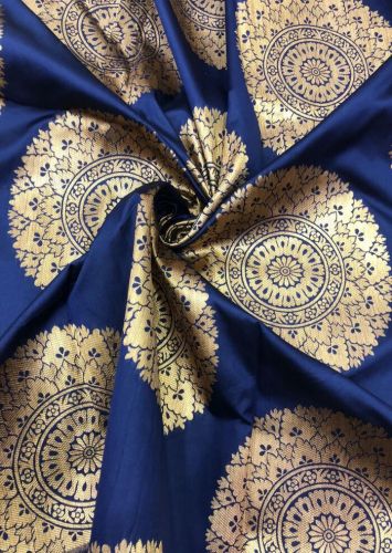 Luxurious Silk Blue Chakra Motif Brocade Fabric, Width : 44 Inch