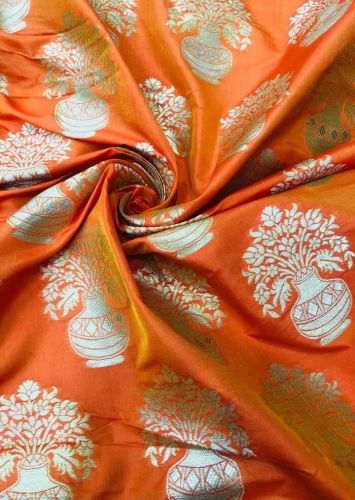 Banarasi Silk Orange Floral Motif Brocade Fabric