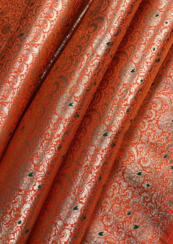 Banarasi Silk Orange Jaal Brocade Fabric, Quality : High-quality