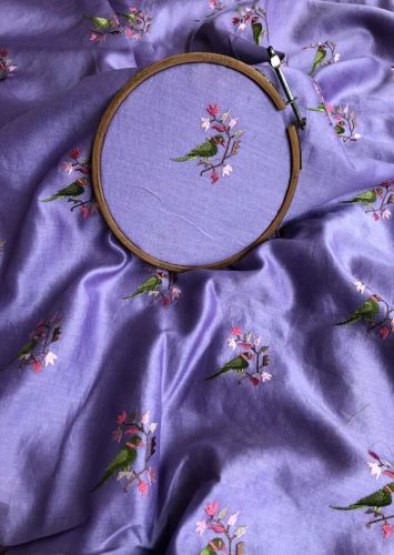 Lightweight Purple Bird Embroidered Chanderi Fabric, Width : 44 Inch