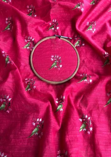 Red Bird Embroidered Chanderi Fabric, Width : 44 Inch for Garments
