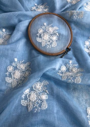 Silk Sky Floral Embroidered Chanderi Fabric, Width : 44 Inch