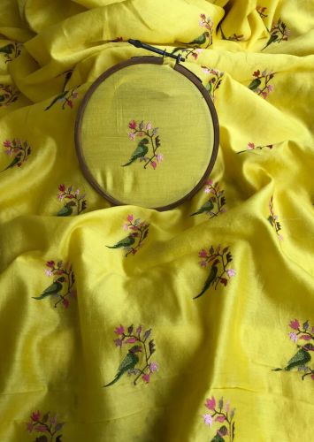 Silk Yellow Bird Embroidered Chanderi Fabric