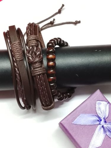 Brown Multi‑layered Leather & Bead Bracelet Set