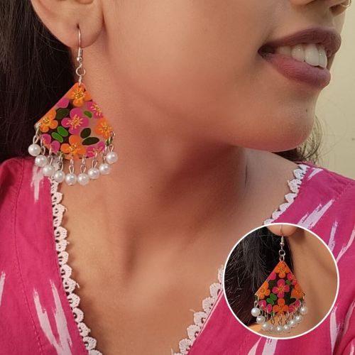 Resin Triangle Floral Dangle Earrings, Color : Multi-color