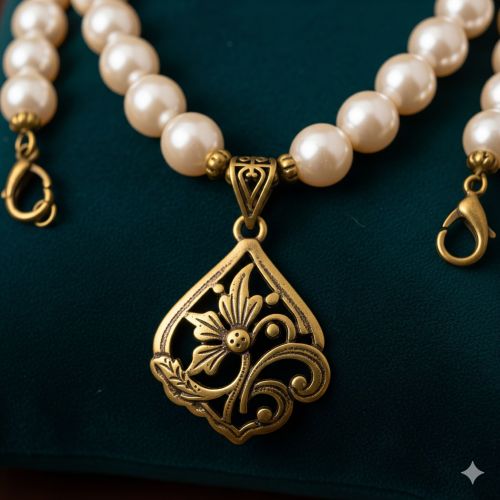 Faux Pearl Necklace with Brass Pendant