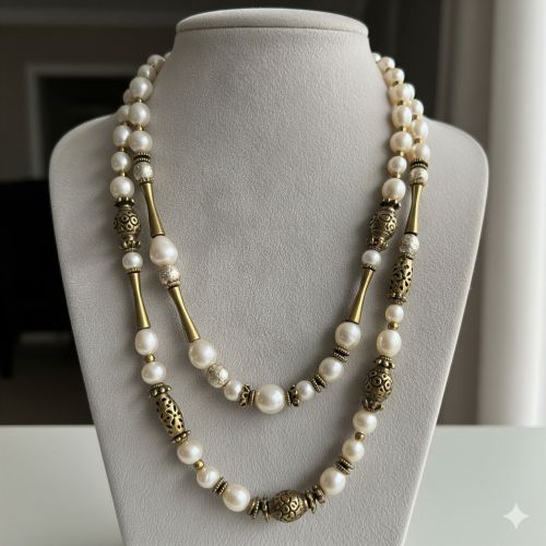 Long Pearl & Brass Beaded Necklace Opera Length