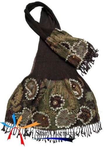 Indian Wool Lycra Embroidery Scarf, Size : 66X180 Cms