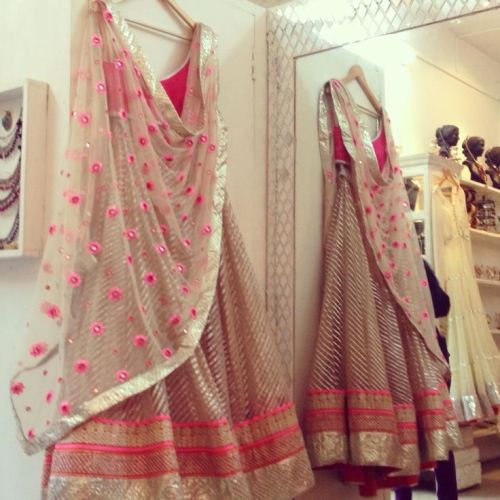 Beige Stripe Net Lehenga With Pink Velvet Blouse and Net Floral Dupatta