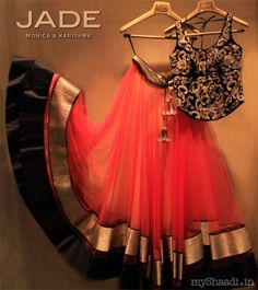 Orange Net Lehenga With Prussian Blue Velvet Embroidery Blouse