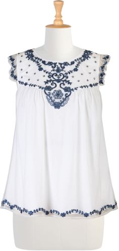 Embroidered Voile Peasant Top