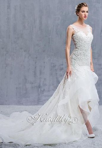 Sleeveless Sheer Lace Neckline Waltz-length Gown