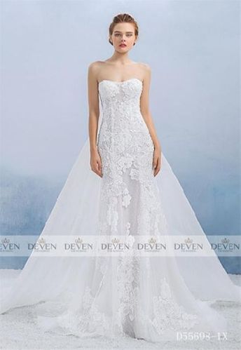 Strapless Lace Applique Illusion Sheath Gown