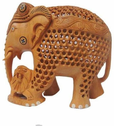 Wooden Undercut Elephant Statue With Lion, For Home, Office, Shop, Style : Antique