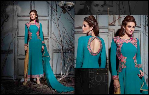 Long Cut Azure Color Embroidered Suit