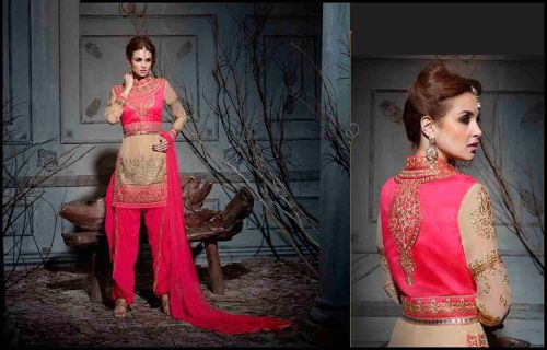 Long Cut Dark Pink Color Embroidered Suit