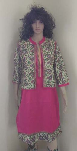 Jute Cotton Jacket Kurti, Color : Pink Green Print