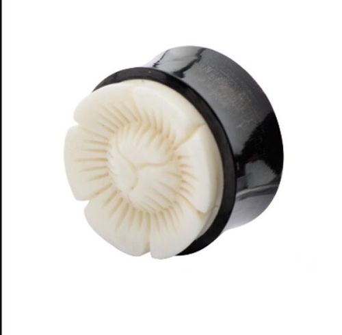 Double Flared Buffalo Horn Plug With Carved Bone Flower Inlay