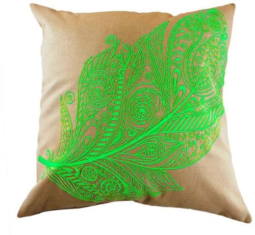 Embroidered Green Feather Cushion Cover