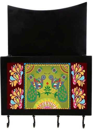 Madhubani Peacock Wooden Key Holder