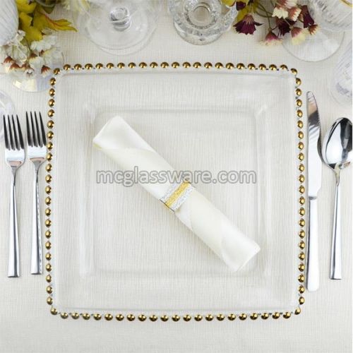 12 Inches Gold Beads Square Glass Charger Plate
