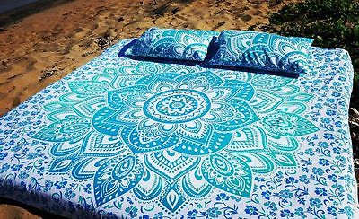 Boho Sky Blue Indian Mandala Tapestry Handmade Floral Duvet Cover