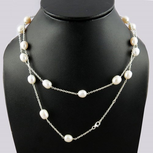 Sterling Silver Necklaces White Pearl Beads, Size : 88.0 Cm