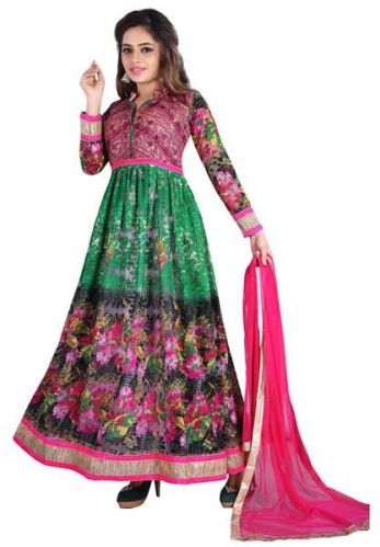 Fs2470 Aryadress Rani Green Print Soft Net Embrodary Work Anarkali Ty