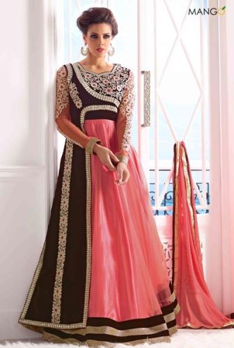 FS1360 Georgete Embrodary Work PinK &Black Semi Stitched Anarkali Suit