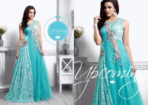 Fs1390 Net Embrodary Work Blue Semi Stitched Anarkali Suit