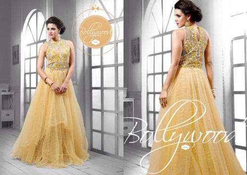 FS1140 Soft Net Embrodary Work Chiku Semi Stitched Anarkali Gown