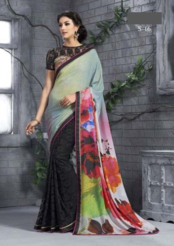 Designer Black Printed Party Wear Saree, Gender : WOMEN