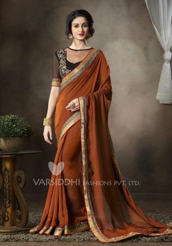 Designer Brown Satin Georgette Embroidered Original Party Wear Saree