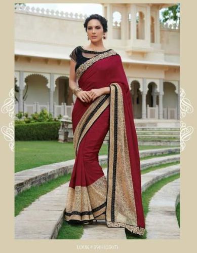 DESIGNER EMBROIDERED MAROON & CREAM FANCY PARTY WEAR SAREE