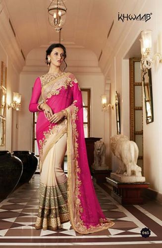 DESIGNER EMBROIDERED PINK & CREAM NET & GEORGETTE PARTY WEAR SAREE