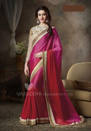 Designer Pink Embroidered Satin Georgette Party Wear Saree