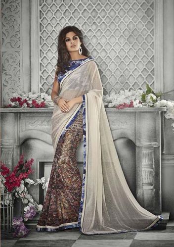 DESIGNER PRINTED CREAM & BROWN GEORGETTE PARTY WEAR SAREE