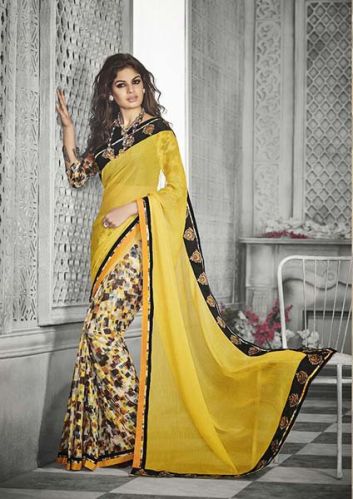 DESIGNER PRINTED YELLOW GEORGETTE PARTY WEAR SAREE